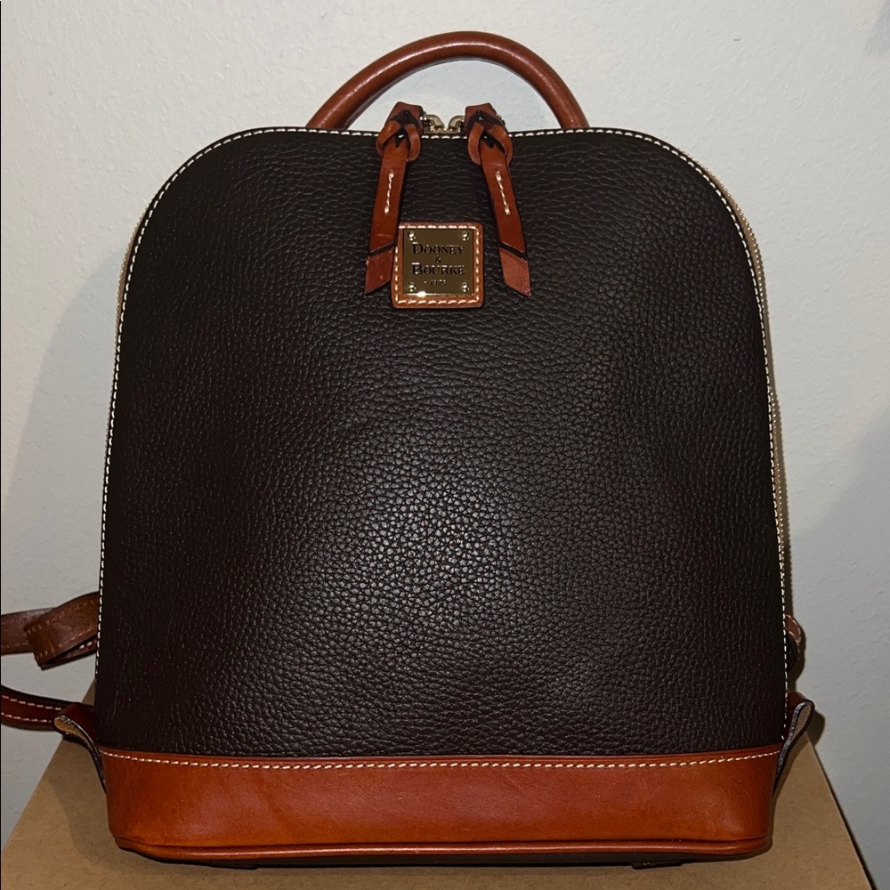 Dooney & Bourke Dark Brown Backpack with Tan leather.